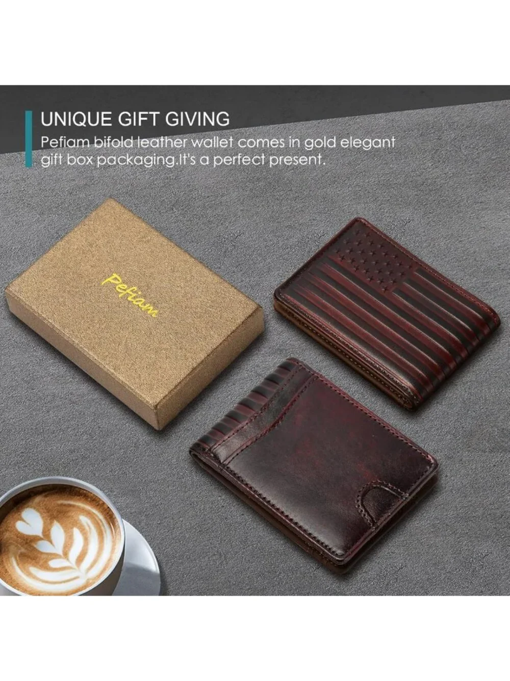 Men's Bifold Leather Wallet with RFID Blocking, 12 Card Slots, USA Flag Design